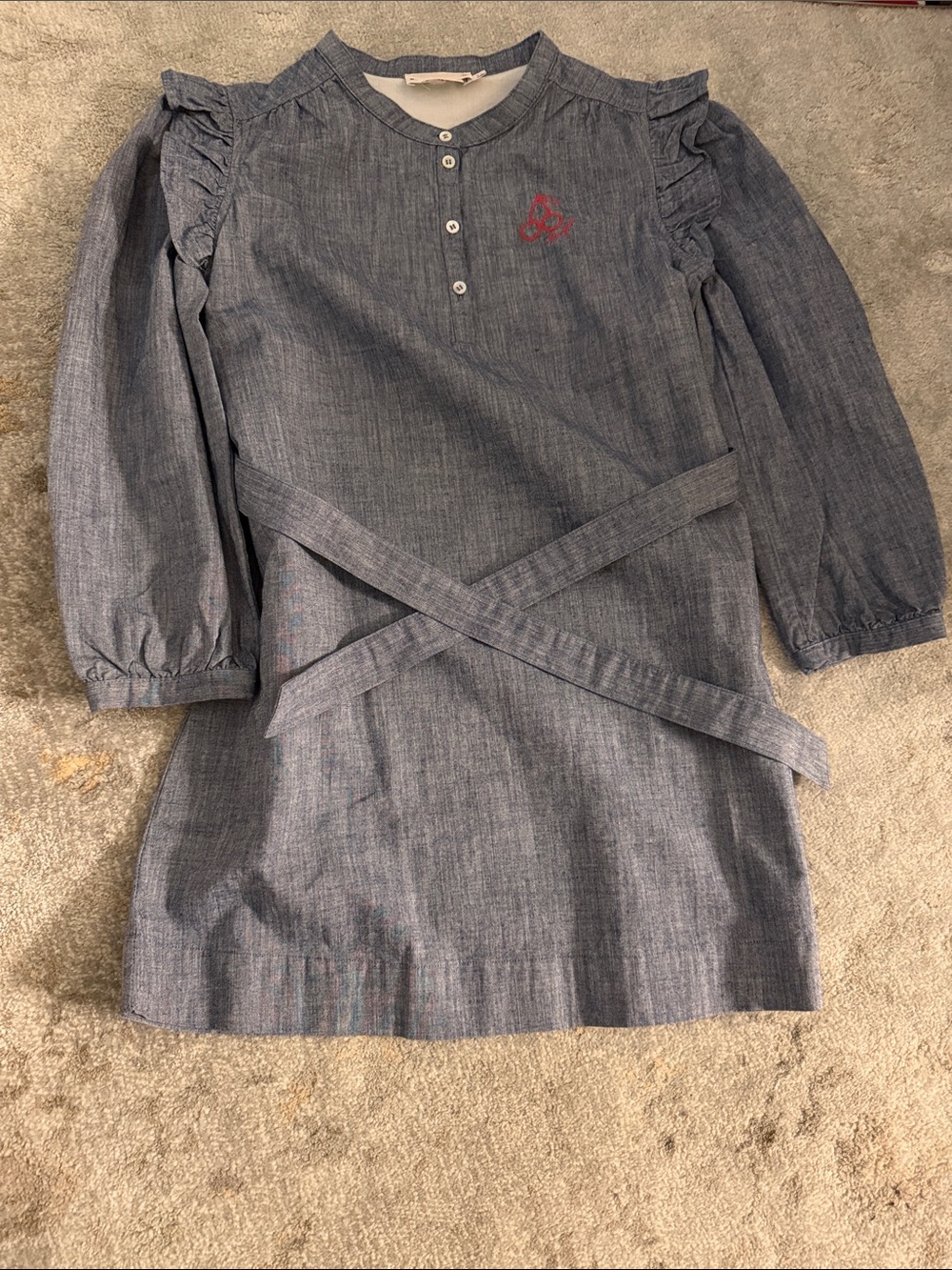 Bonpoint Blue Chambray Long-Sleeve Dress with Waist Ties